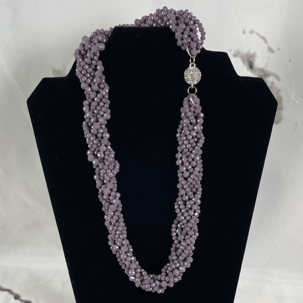 Frosted Glass Bead Statement Necklace Spherical Rhinestone Magnetic Clasp Braid